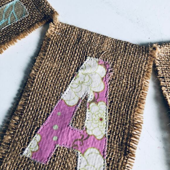 "Happy" Burlap Embroidered Decorative Banner Amy Butler Fabric Handmade Nursery - Picture 4 of 9